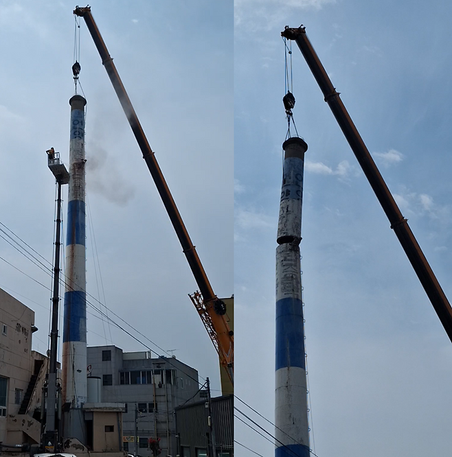 울산 울주군 언양읍 언양헬스사우나 굴뚝 철거작업. 30m 높이의 이 목욕탕 굴뚝은 윗부분부터 조금씩 잘라 크레인이 드러내는 방법으로 진행됐다. 왼쪽 사진이 커팅 작업이다. 울산시는 올해 연말까지 15개의 노후 굴뚝을 철거할 예정이다. 울산시 제공