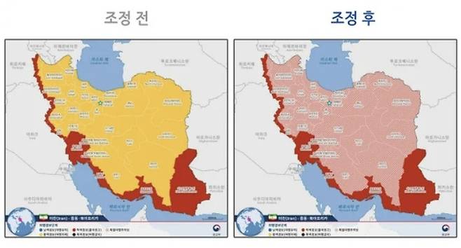 이란 여행경보 조정 전후 지도 [사진 = 외교부]