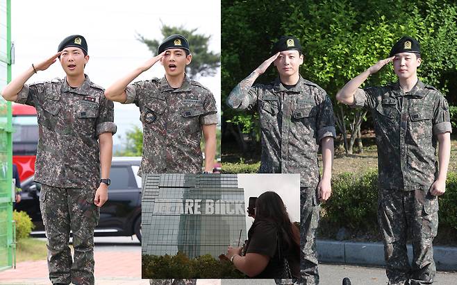 육군 현역 복무를 마치고 만기 전역한 그룹 방탄소년단(BTS) RM(왼쪽부터), 뷔, 지민, 정국이 취재진을 향해 거수경례를 하고 있다. RM과 뷔는 지난 10일, 지민과 정국은 지난 11일 각각 전역했다. [연합, 신동윤 기자 정리]