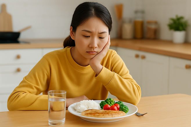 접시에 담긴 음식을 보며 고민하는 여성