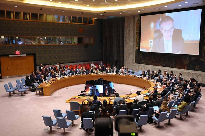 13일 미국 뉴욕 유엔본부에서 이스라엘과 이란 분쟁 관련 안전보장이사회 긴급회의가 열렸다./AFP 연합뉴스