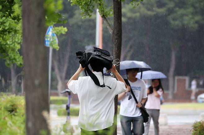 지난 13일 오후 대구 달서구 계명대 성서캠퍼스 주변에 장맛비가 쏟아지는 가운데 우산을 준비하지 못한 학생이 가방으로 비를 피하며 발걸음을 재촉하고 있다. 사진=뉴스1