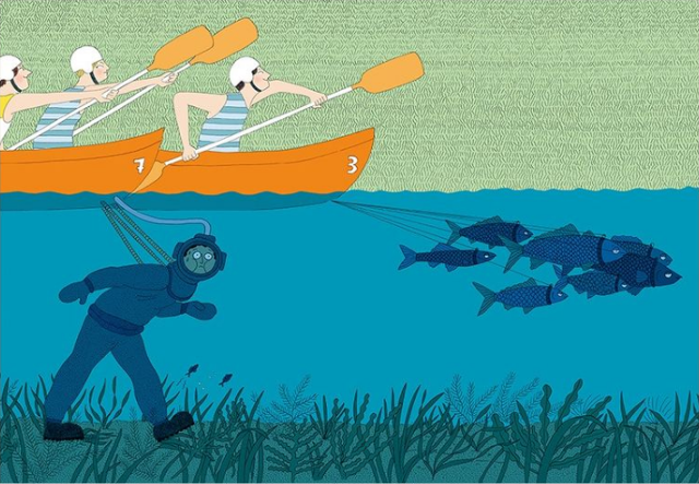 카누 대회 참가자들은 온갖 반칙으로 1등을 차지하려 한다. 노란돼지 제공