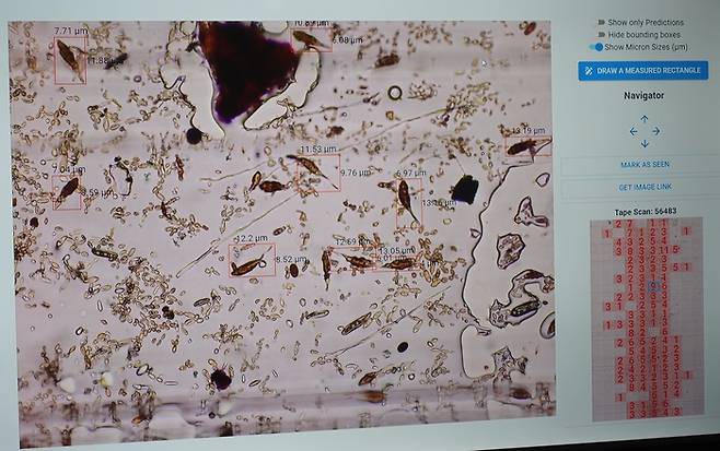 바이오스카우트 곰팡이균 탐지장비의 내부에 있는 현미경이 찍은 사진을 보면 총 9개의 곰팡이균 포자가 탐지돼 있다. 이 사진은 오른쪽에 있는 그림처럼 현미경이 찍은 이미지를 220개로 나눈 한 조각의 사진이다.