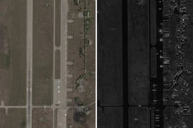 우크라이나 드론 공격 전인 지난 5월 17일 러시아 이르쿠츠크 지역 벨라야 공군기지 모습(왼쪽)과, 공격 이후인 지난 6월 2일 벨라야 공군기지 모습. 연합뉴스