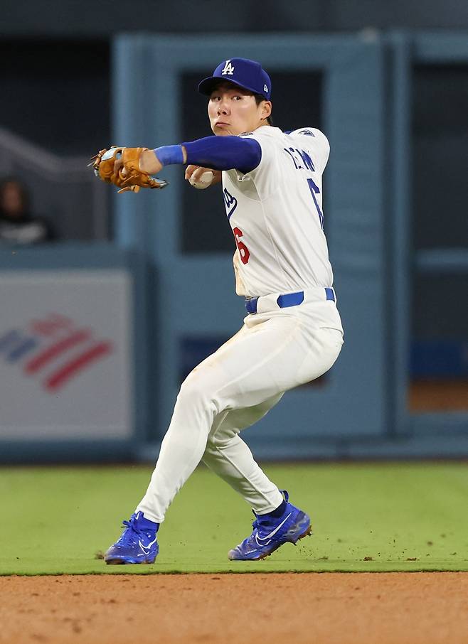 LA 다저스 김혜성이 올해 메이저리그 정규시즌 경기에 출전해 수비하고 있다. REUTERS 연합뉴스