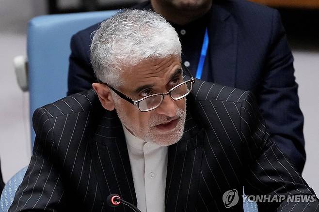 안보리 발언하는 이란 대사 [뉴욕 로이터=연합뉴스. 재판매 및 DB 금지]