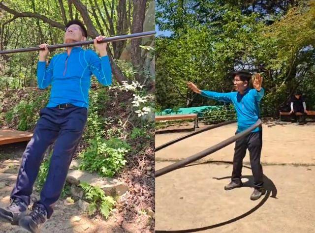 김문수 전 국민의힘 대선 후보가 4일 관악산에 올라 턱걸이와 훌라후프를 하고 있다. 김재원 페이스북 캡처