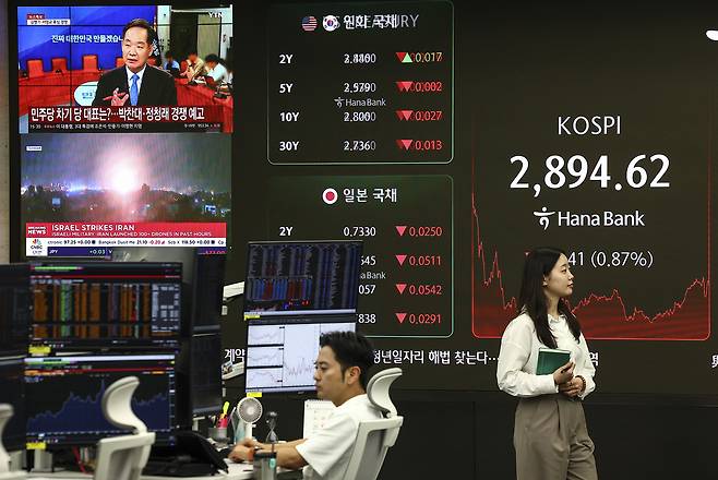 A TV screen on the left shows news about Israel's airstrikes on Iran as the Kospi closes down 0.87 percent Friday at a dealing room in Hana Bank's headquarters in central Seoul. (Newsis)