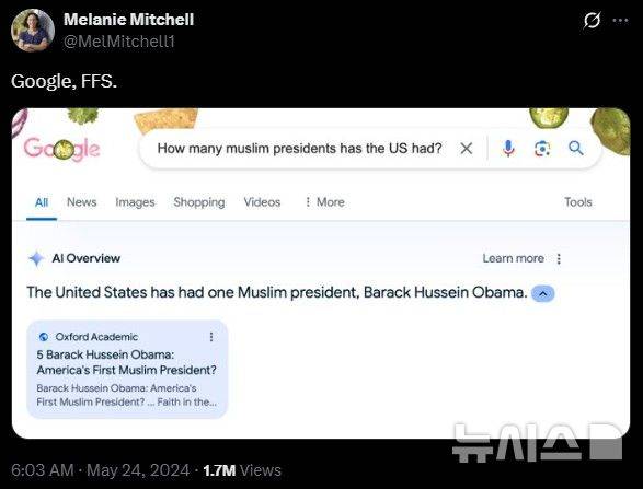 [서울=뉴시스] 외신에 따르면 지난해 5월24일 구글 'AI 개요' 출시 초기 한 이용자가 무슬림 출신 미국 대통령 수를 묻자 버락 오바마 전 대통령 1명이라고 답해 화제가 됐다. (사진=엑스 캡처)