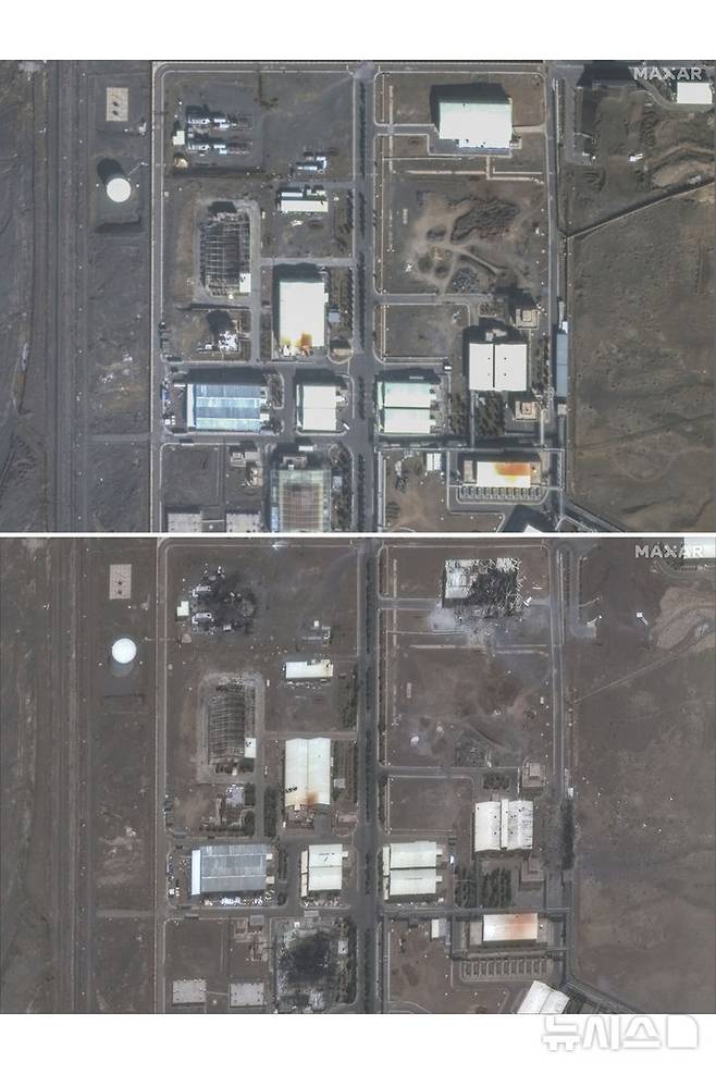 [AP/뉴시스] 막시마르 제공 위성 비교사진으로 이란 테헤란 남쪽 나탄즈 핵농축시설의 올 1월 24일과 6월 14일(아래) 모습