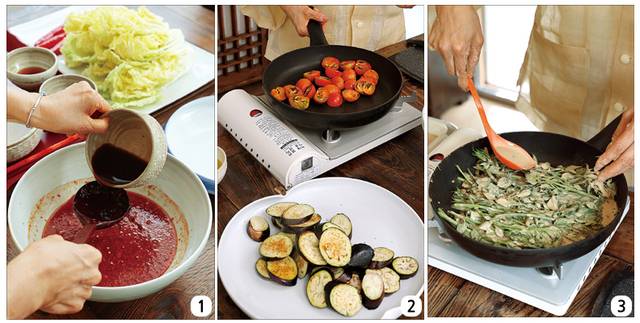 1) 알배추김치 양념엔 고로쇠 수액으로 담근 간장이 들어가 풍미를 높여준다. 2) 토마토를 구우면 영양분 함량이 높아지고, 구운 가지는 무르지 않아 좋다. 3) 두릅전을 부치는 스님의 손길이 정성스럽다.