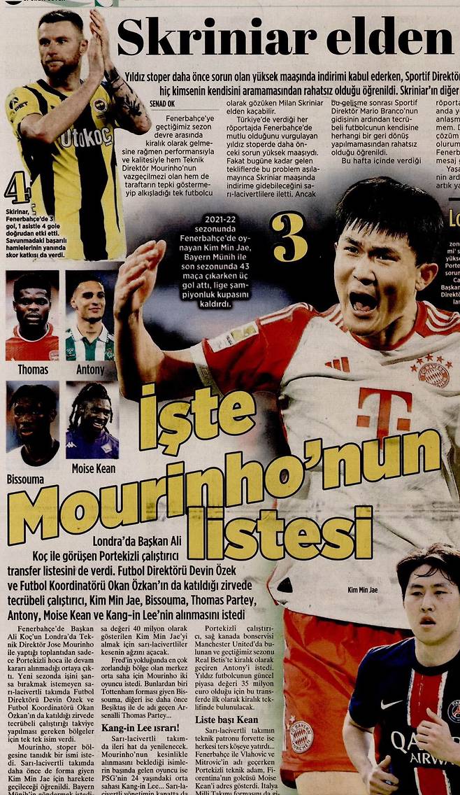 주제 무리뉴 페네르바흐체SK 감독이 회장에게 요청했다는 6명의 영입 리스트. 바이에른 뮌헨 김민재와 파리 생제르맹(PSG) 이강인이 포함됐다. /사진=밀리예트 캡처