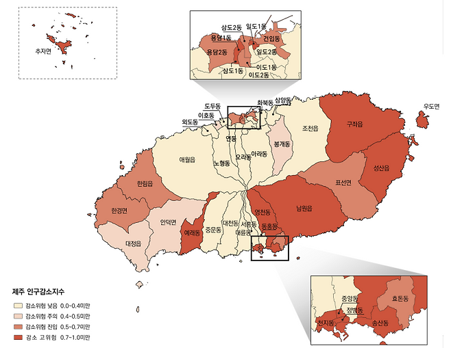 제주연구원 제주지역균형발전지원센터는 16일 '2024년 제주형 인구감소지수 현황'을 발표했다.&nbsp;