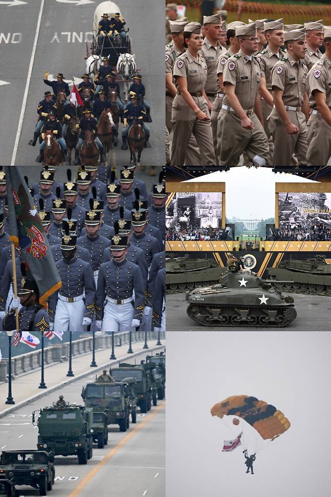 미 육군 창설 250주년 기념 퍼레이드에서 미 육군 병력들이 행진하고 있다. (사진=AFP)