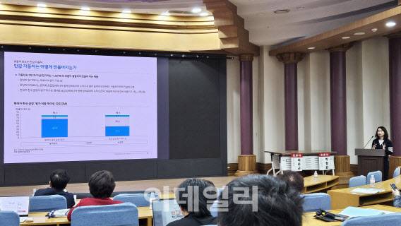 한국경영인학회와 서범수 국민의힘 의원실이 16일 국회의원회관 제1소회의실에서 개최한 ‘휴머노이드 로봇과 모빌리티 산업의 융합: 한국의 전략은’ 주제 심포지엄에서 임은영 삼성증권 리서치센터 수석연구원이 ‘휴머노이드가 만드는 반값 자동차’에 대해 발표하고 있다.(사진=김범준 기자)