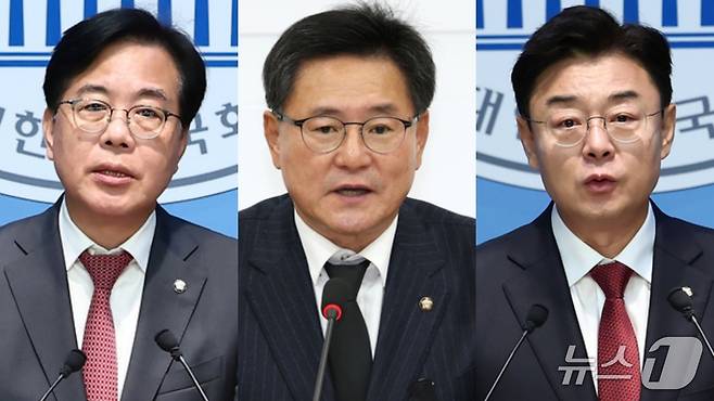 국민의힘 원내대표 선거에 출마한 송언석 의원, 이헌승 의원, 김성원 의원의 모습.