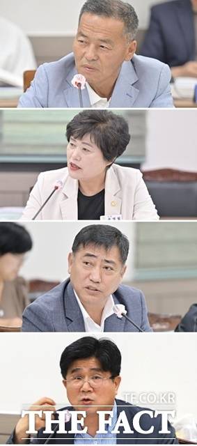 서승열·송영월·이범수·김권한 공주시의회 의원이 16일 공주시 공주중학교와 공주여자중학교의 신관·월송지구 이전에 대해 집중 질의를 하고 있다. /김형중 기자