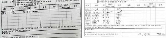 대책위가 2025년 6월5일 공개한 TBM 문서(왼쪽). ‘서명’란을 보면 김충현씨 이름만 쓰여 있다. 오른쪽은 다른 사업장의 평소 TBM 문서. 여러 노동자의 이름이 쓰여 있다. 대책위 자료 갈무리