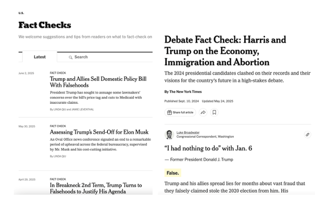 뉴욕타임스 팩트체크 코너에서 2024년 대선 당시 트럼프 후보의 TV토론회 발언을 검증한 기사.