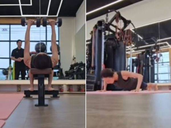 덤벨 벤치프레스와 맨몸 푸시업을 하는 김희애. /사진=김희애 인스타그램 캡처