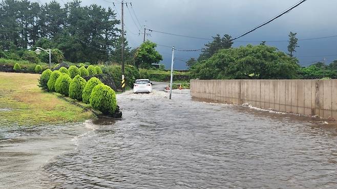 오늘(16일) 10시 53분쯤 기습적인 폭우에 침수된 제주시 애월읍 광령리의 한 도로