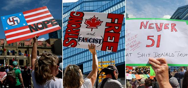 각양각색 팻말로…“트럼프 반대” 캐나다 앨버타주 캐내내스키스에서 열리는 주요 7개국(G7) 정상회의를 앞두고 시민들이 15일(현지시간) 캘거리에서 도널드 트럼프 미국 대통령에 반대하는 플래카드를 들고 시위를 하고 있다. 시민들은 트럼프 대통령을 나치와 파시스트에 비유하고, 그가 캐나다를 미국의 51번째 주라고 말한 데 대해 비판했다(왼쪽 사진부터). AFP·로이터연합뉴스