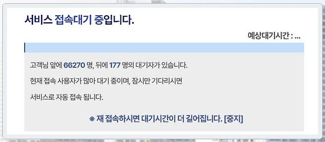 16일 진행한 무순위 청약에 접속자가 몰리면서 LH청약플러스 화면에 접속대기 안내가 뜨고 있다. LH 제공
