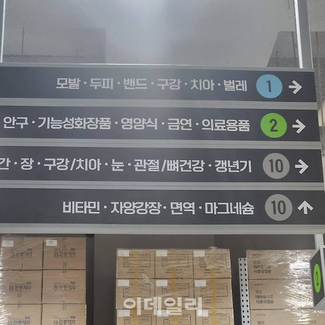 A약국 매대에는 의약품 등 제품이 슈퍼마켓처럼 증상과 분야별로 분류돼 있으며 안내 표지판도 알아보기 쉽게 배치돼 있다. (사진=안치영 기자)