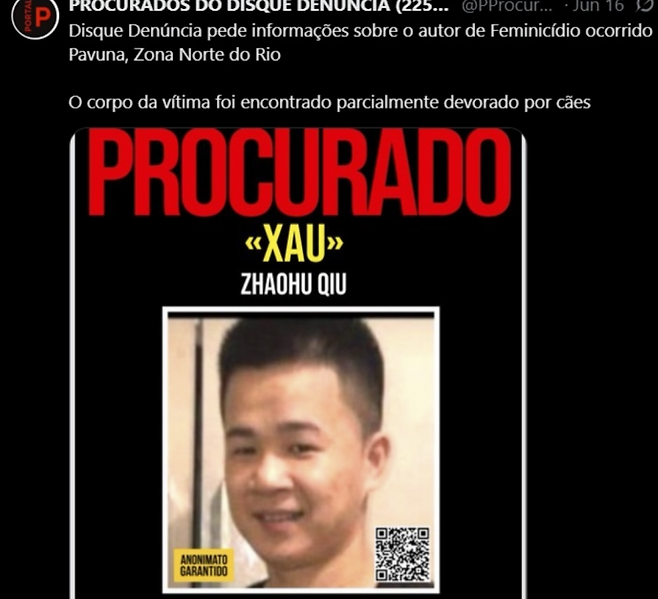 브라질 경찰이 온라인을 통해 피의자 수배 전단을 배포했다. 엑스 캡처