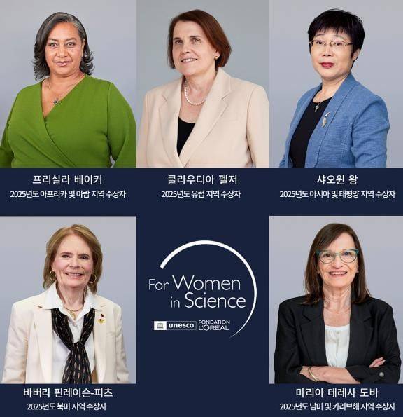 로레알 그룹과 유네스코가 ‘제27회 로레알-유네스코 세계여성과학자상’ 수상자를 발표했다. (시계방향으로) 프리실라 베이커 웨스턴 케이프 대학교 교수, 클라우디아 펠저 막스플랑크 고체 화학물리연구소 소장, 샤오윈 왕 칭화대학교 교수, 마리아 테레사 도바 아르헨티나 라플라타 국립대학교 교수, 바버라 핀레이슨-피츠 캘리포니아대학교 어바인 캠퍼스 명예 교수./로레알그룹