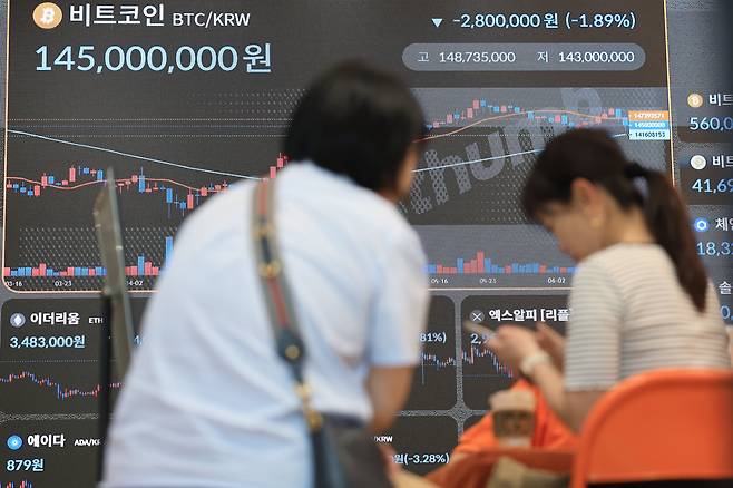 지난 13일 오후 서울 서초구 빗썸라운지 전광판에 비트코인 등 가상자산 시세가 표시되고 있다. /뉴스1