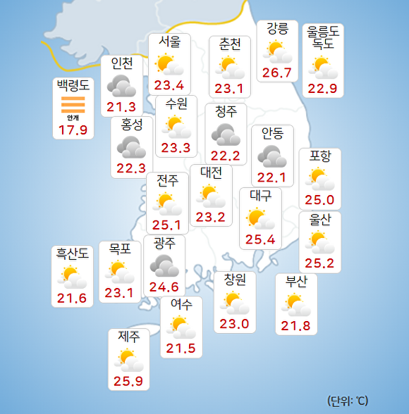 17일 오전 9시 현재 전국 날씨. [사진=기상청 날씨누리]