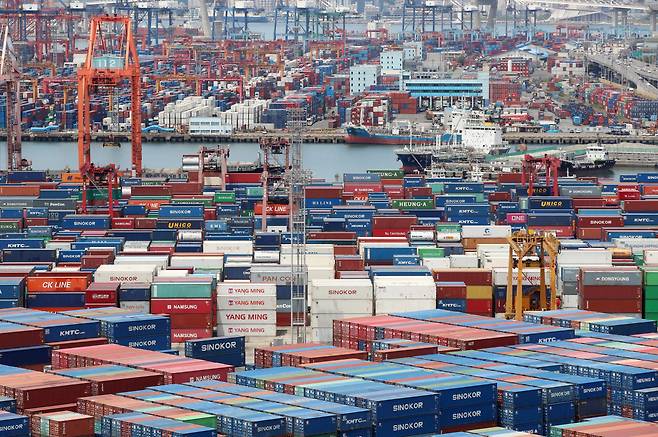 부산항 신선대부두와 감만부두 야적장에 컨테이너가 가득 쌓여 있다. 사진=뉴스1