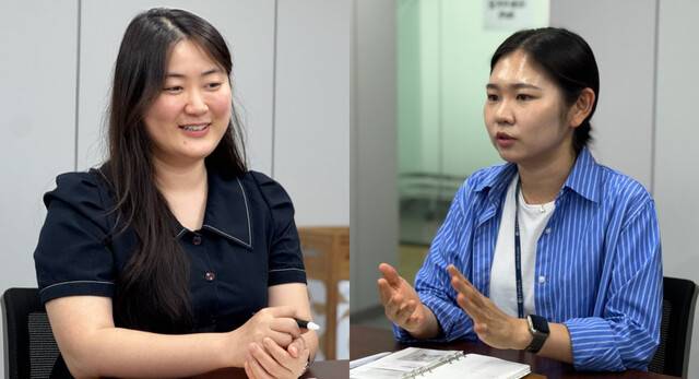 정현정(왼쪽) 한식진흥원 전략기획팀 과장과 김다애 한식진흥원 한식문화공간운영팀 과장이 지난 11일 서울 재동 한식진흥원에서 직무급제에 대해 설명하고 있다. 김 과장은 “난이도에 따라 보수가 정해진다는 것 자체가 적합한 처우라고 생각했다”고 밝혔다. 한식진흥원 제공