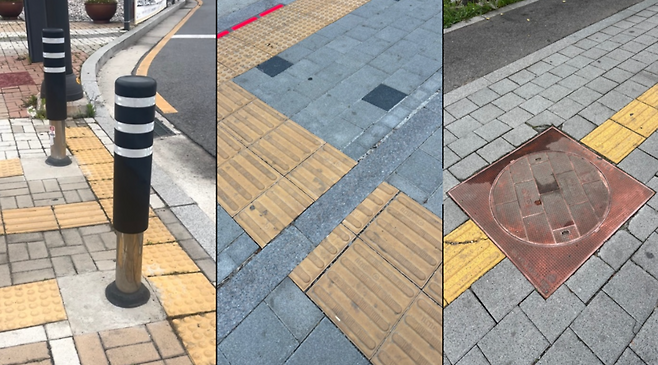 시각장애인의 안전을 위협하는 설치물 및 편의 시설. (왼쪽부터) 시각장애인 점자 블록에 바짝 붙어있는 자동차 진입억제용 말뚝(볼라드), 끊겨 있는 시각장애인 점자 블록, 맨홀 뚜껑과 동일 선상에 설치되어 있는 점자 블록 /사진=강윤지 인턴기자