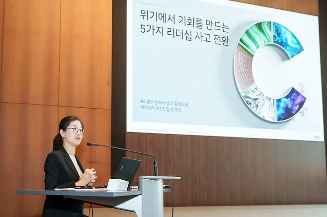김현정 한국IBM 컨설팅 대표가 17일 열린 ‘AI 인사이트 포럼’에서 글로벌 CEO 2000명을 대상으로 한 AI 관련 설문 조사 결과를 발표하고 있다. <사진=한국 IBM>