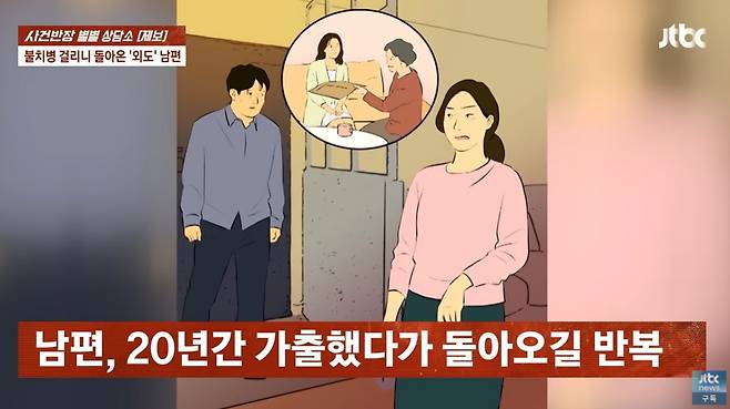수십년간 외도와 가출을 반복하다 불치병에 걸리자 간병을 요구하는 남편과 이혼하고 싶다는 여성이 조언을 구했다. /사진=JTBC '사건반장' 캡처