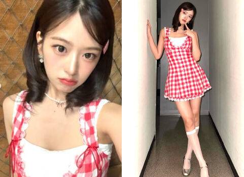 아이브 안유진이 빨간 체크 패턴의 복고풍 원피스를 입고 다양한 포즈를 취하고 있다. / 안유진 개인 인스타그램