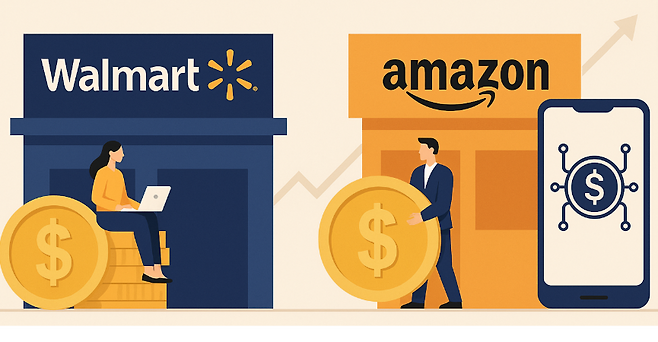 월마트와 아마존이 스테이블코인을 발행해 은행 및 신용카드에 기반한 전통적인 결제 시스템을 대체하는 방안을 검토하고 있다고 월스트리트저널(WSJ)이 보도했다. [챗GPT를 이용해 제작함]