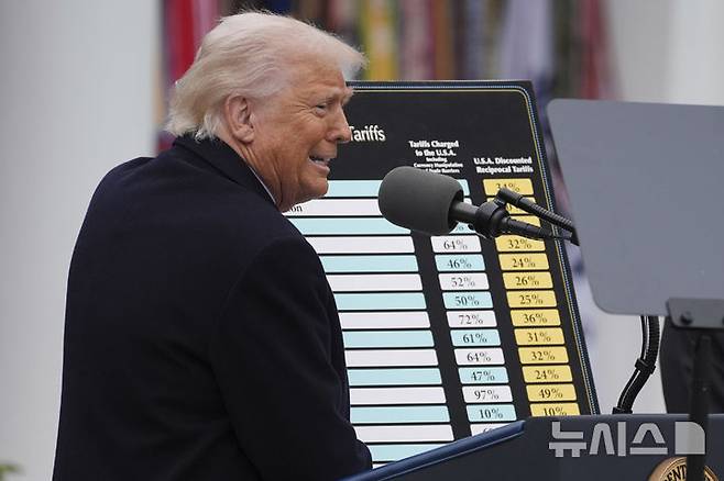 [워싱턴=AP/뉴시스]도널드 트럼프 미국 대통령이 지난 4월2일(현지 시간) 백악관 경내 로즈가든에서 '미국을 다시 부유하게'라는 행사를 열고 국가별 상호관세를 발표하고 있다. 2025.06.17.