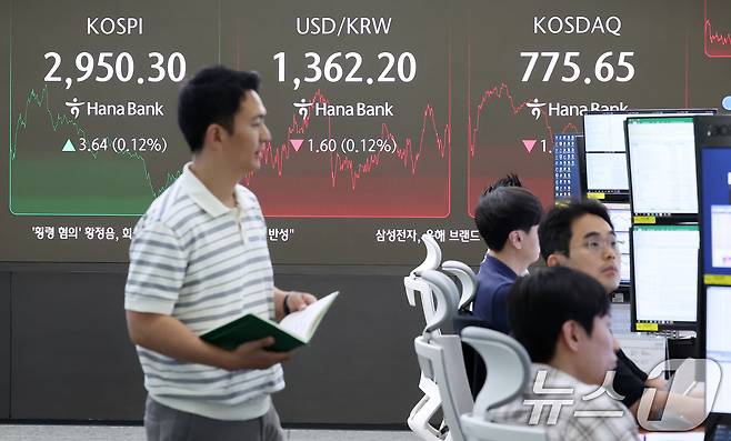 17일 서울 중구 하나은행 본점 딜링룸 전광판에 종가가 표시되고 있다. 2025.6.17/뉴스1 ⓒ News1 김성진 기자