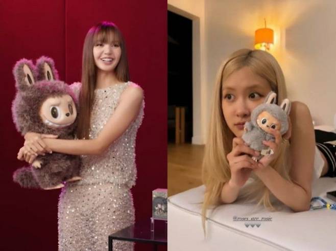 걸그룹 블랙핑크 멤버 리사(왼쪽)와 로제가 라부부 인형을 든 채 미소짓고 있다. 라부부·로제 인스타그램 캡처