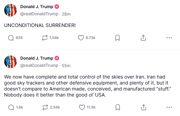 출처 도널드 트럼프 미국 대통령 트루스소셜 계정