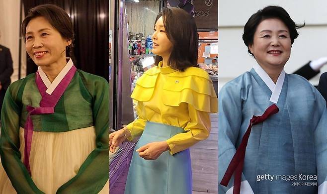 16일(현지 시간) 캐나다 캘거리 한 호텔에서 열린 다니엘 스미스 앨버타주 수상 주재 주요 7개국(G7) 정상회의 초청국 리셉션에 참석한 김혜경 여사(왼쪽부터), 2022년 스페인 마드리드에서 열린 북대서양조약기구(NATO·나토) 정상회의 마지막 날 마라비야스 시장 내 한국 식료품점을 방문한 김건희 여사, 2017년 한미 정상회담을 위해 미국을 방문한 김정숙 여사. 뉴스1(대통령실 제공)·ⓒ(GettyImages)/코리아