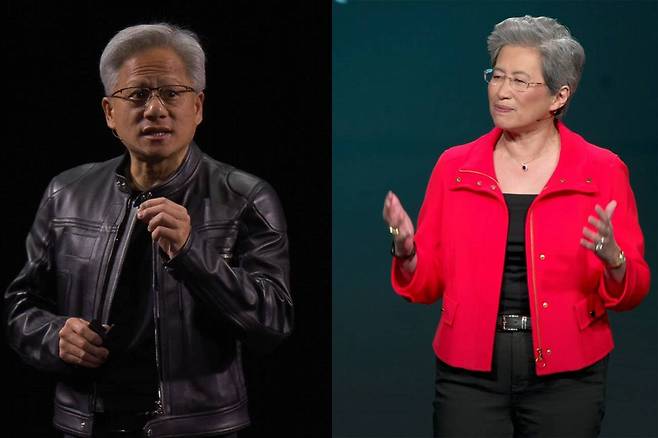 젠슨 황 엔비디아 CEO(좌)는 유럽, 리사 수 AMD CEO(우)는 미국에서 인공지능을 강조했다 / 출처=엔비디아, AMD