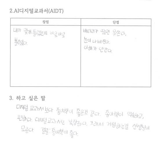 함송이 교사가 맡은 학생들이 AIDT와 종이책의 장, 단점에 대해 기입한 내용. 함송이 교사 제공
