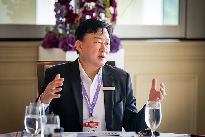 Samsung Biologics CEO John Rim speaks to the press about the company's future road map at a luncheon in Boston on June 17. Samsung Biologics is exhibiting at the 2025 BIO International Convention held between June 16 and 19. [SAMSUNG BIOLOGICS]