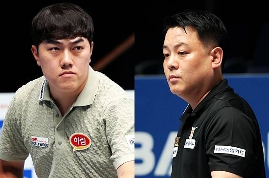 17일 밤 경기도 고양킨텍스PBA스타디움에서 열린 ‘25/26 우리금융캐피탈PBA챔피언십’ 128강전에서 프로데뷔전을 치른 김준태(왼쪽)는 정경섭에게 승부치기에서 패했다. 우승후보 조재호도 노종현과 접전 끝에 승부치기에서 패했다. (사진=PBA)