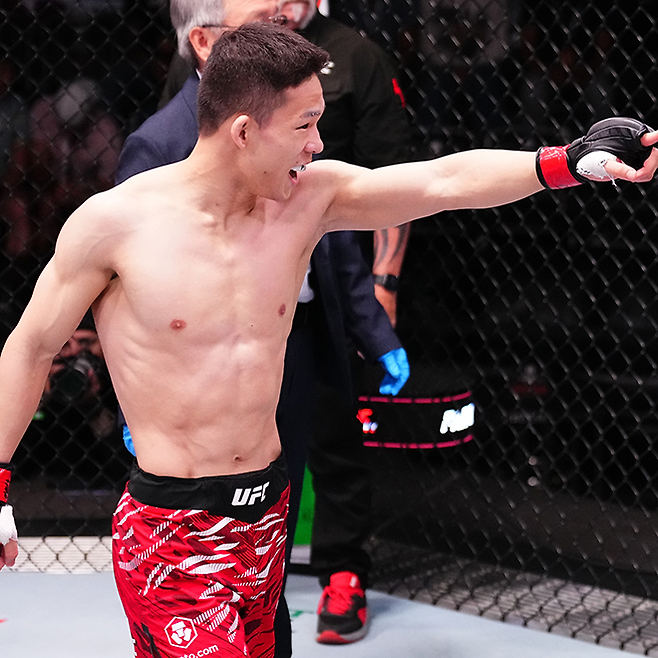 박현성이 2025년 5월 미국 네바다주 엔터프라이즈에서 UFC 데뷔 2연승을 달성한 후 기뻐하고 있다. 사진=TKO